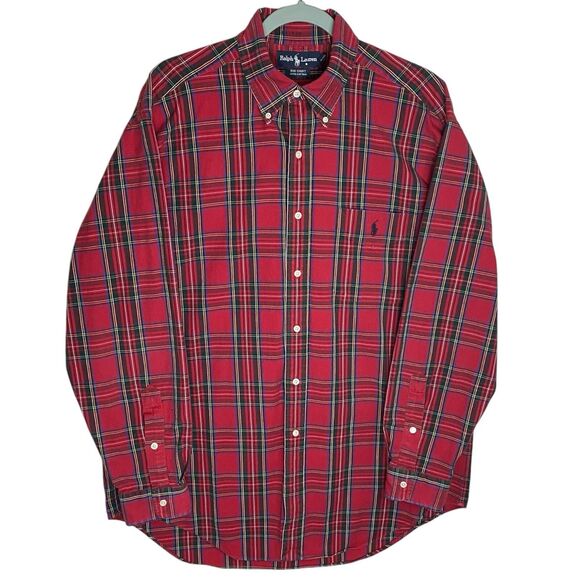 Vtg Polo Ralph Lauren Big Shirt Mens L Red Button Down Plaid Pony Preppy LS 90s - Picture 1 of 15
